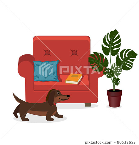 home interior armchair, flower and dog, color vector illustration flat 90532652