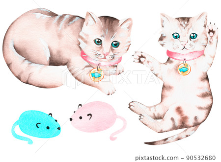 Kittens in collars and mice set. Watercolor illustration. Isolated on a white background. For design Kittens in collars and mice set. Watercolor illustration. Isolated on a white background. For design 90532680