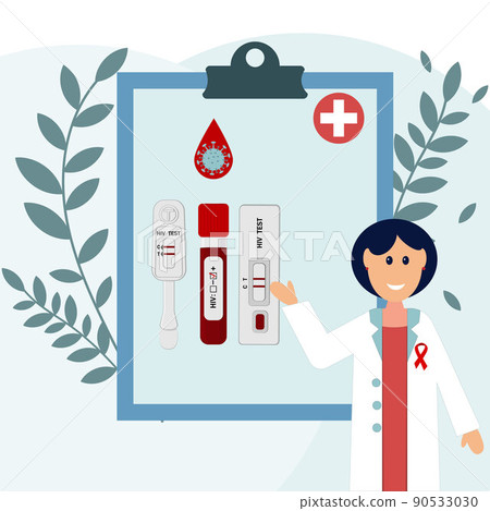 An HIV testing kit with a laboratory test tube for blood analysis. Vector illustration. An HIV testing kit with a laboratory test tube for blood analysis. Vector illustration. 90533030