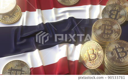 Bitcoin BTC coins or tokens and flag of Thailand. Crypto market related 3D rendering 90533781