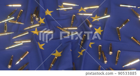 Flag of the EU and bullets. Weapons or ammo market and laws related conceptual 3D rendering 90533885