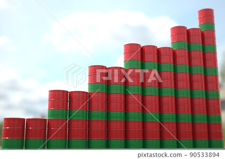 Steel oil drums with flag of Belarus form increasing chart or upwards trend. Petrochemical industry growth concept, 3D rendering Steel oil drums with flag of Belarus form increasing chart or upwards trend. Petrochemical industry growth concept, 3D rendering 90533894