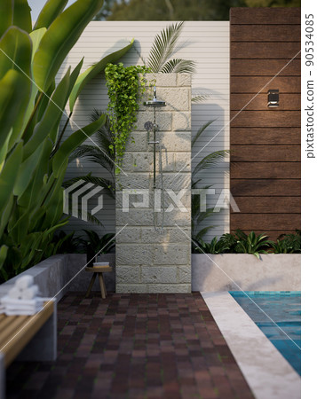 Stunning outdoor shower in the tropical green garden by the pool in luxury pool villa 90534085