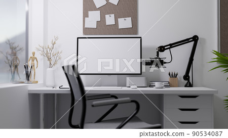 Broadcasting or live-streaming home office studio interior with modern pc computer, microphone Broadcasting or live-streaming home office studio interior with modern pc computer, microphone 90534087