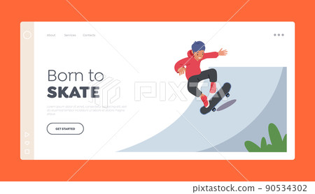 Kid Skateboarding in Skatepark Landing Page Template. Young Boy in Modern Clothing Jumping on Skateboard Outdoors Kid Skateboarding in Skatepark Landing Page Template. Young Boy in Modern Clothing Jumping on Skateboard Outdoors 90534302