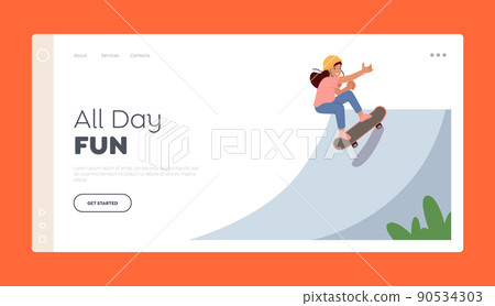 Child Skateboarding Hobby Landing Page Template. Kid Female Skateboard Character Perform Stunts in Rollerdrome Child Skateboarding Hobby Landing Page Template. Kid Female Skateboard Character Perform Stunts in Rollerdrome 90534303