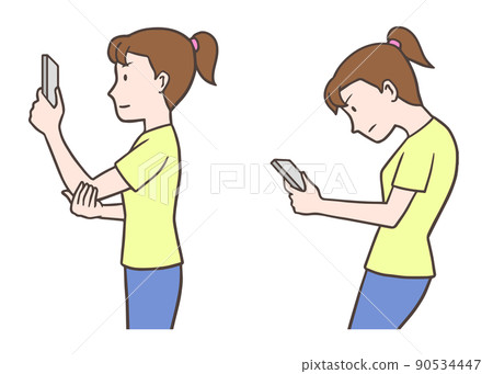 Woman looking at a smartphone, good posture and bad posture (stoop) Woman looking at a smartphone, good posture and bad posture (stoop) 90534447