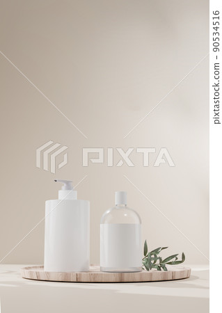 3D render mock up, a set of Aroma spa products container on a natural Wooden plate 3D render mock up, a set of Aroma spa products container on a natural Wooden plate 90534516