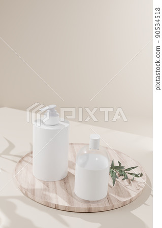 3D render mock up, a set of Aroma spa products container on a natural Wooden plate 3D render mock up, a set of Aroma spa products container on a natural Wooden plate 90534518