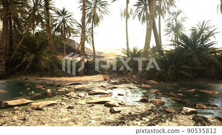 Pond and palm trees in desert oasis 90535812