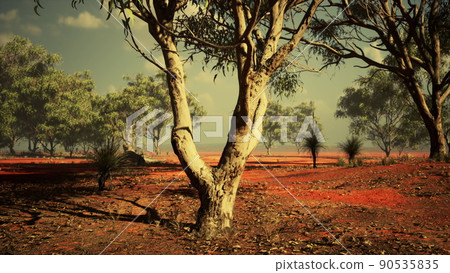 acacias trees in the landscape of Tanzania with clouds in the sky 90535835
