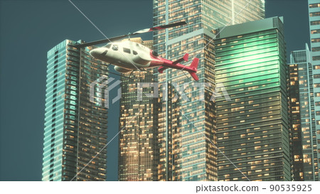 Helicopter flies through center of big city Helicopter flies through center of big city 90535925
