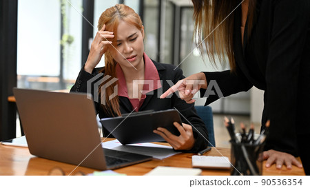 Female office employee gets a complaint and bad feedback from her manager 90536354