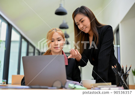 Female manager training about financial task on laptop to a new young female employee Female manager training about financial task on laptop to a new young female employee 90536357