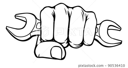 Fist Hand Holding Spanner Wrench Cartoon Concept Fist Hand Holding Spanner Wrench Cartoon Concept 90536410