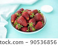 large ripe freshly picked strawberries in a ceramic plate on a turquoise background 90536856