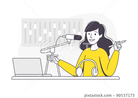 Podcast Recording with Young Woman with Microphone Broadcasting and Live Streaming Outline Vector Illustration Podcast Recording with Young Woman with Microphone Broadcasting and Live Streaming Outline Vector Illustration 90537173