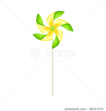 Green and Yellow Pinwheel Toy with Paper Curl Attached to Stick Vector Illustration 90537255