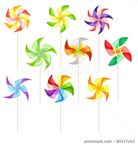 Colorful Pinwheel Toy with Paper Curl Attached to Stick Vector Set Colorful Pinwheel Toy with Paper Curl Attached to Stick Vector Set 90537263