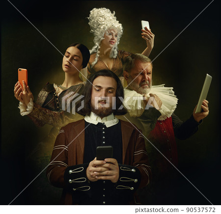 Collage with medieval people as royalty persons in vintage clothing on dark background. Concept of comparison of eras, modernity and renaissance, baroque style. Collage with medieval people as royalty persons in vintage clothing on dark background. Concept of comparison of eras, modernity and renaissance, baroque style. 90537572