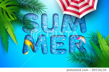 Summer Banner Design with Swimbelt, Sunshade and Beach Ball on Water in the Tiled Pool Lettering on Blue Background. Vector Summer Holiday Illustration with Exotic Palm Leaves for Banner, Flyer Summer Banner Design with Swimbelt, Sunshade and Beach Ball on Water in the Tiled Pool Lettering on Blue Background. Vector Summer Holiday Illustration with Exotic Palm Leaves for Banner, Flyer 90538230