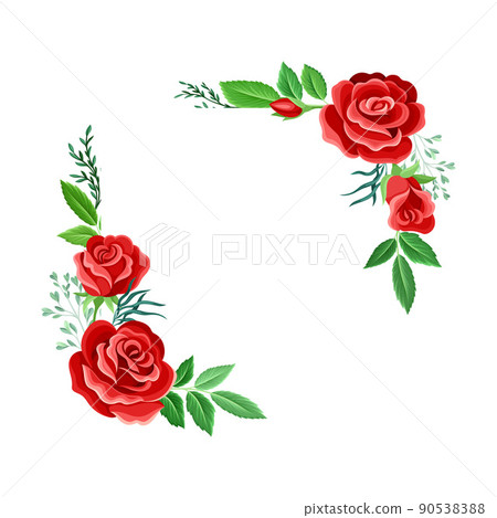 Corner Rose Frame with Red Lush Bud and Green Leaves Arranged in Shape Vector Illustration Corner Rose Frame with Red Lush Bud and Green Leaves Arranged in Shape Vector Illustration 90538388