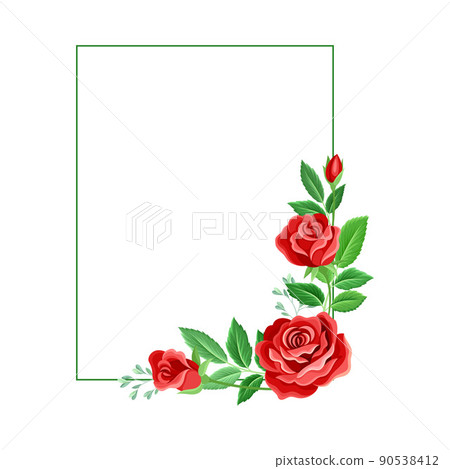 Rectangular Rose Frame with Red Lush Bud and Green Leaves Arranged in Shape with Border Vector Illustration 90538412