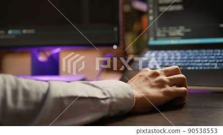 Freelancer programming binary code on software server, coding encryption system with firewall application. Hacking security program on network script for development. Close up. . 90538553