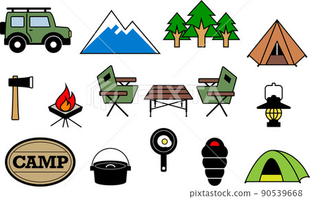 野營和野營裝備的彩色插圖 90539668