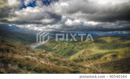 Landscape of Mavrovo national park with mountain and lake, FYR Macedonia 90540164