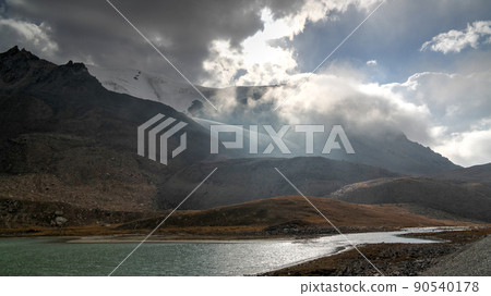 Panoramic view to lakes at Barskoon pass, river and gorge and Sarymoynak pass, Jeti-Oguz, Kyrgyzstan Panoramic view to lakes at Barskoon pass, river and gorge and Sarymoynak pass, Jeti-Oguz, Kyrgyzstan 90540178