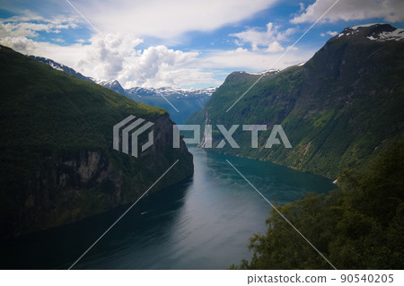 Aerial panorama view to Geiranger fjord from Trollstigen, Norway 90540205