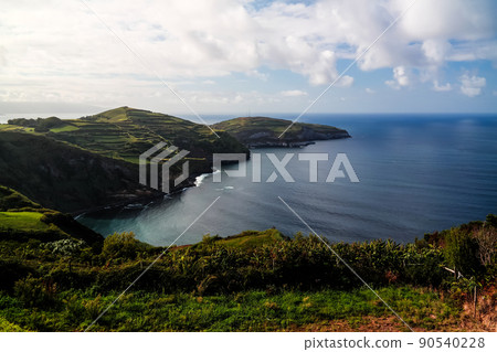 Panorama view to coastlani of Sao Miguel island from Santa Iria viewpoint. Azores. Portugal 90540228