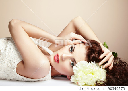 Portrait of beautiful sensual woman with elegant hairstyle.  Perfect makeup 90540573
