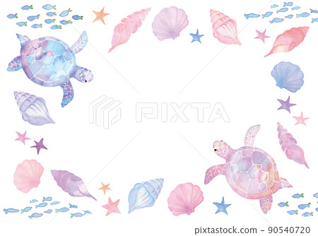 Sea turtle and seashell watercolor touch frame 90540720