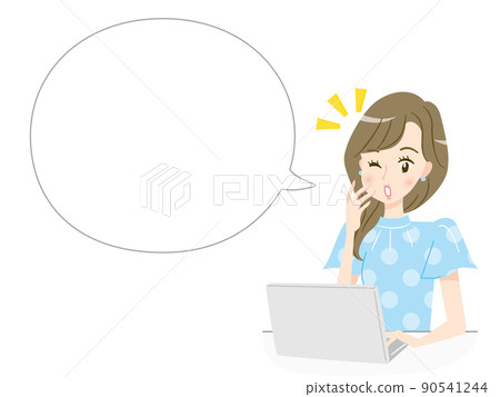 與一位年輕女子的對話泡泡，她驚訝地看到個人電腦的屏幕 90541244