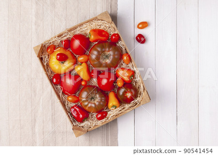 Different varieties and colors tomatoes and bell peppers, top view, copy space Different varieties and colors tomatoes and bell peppers, top view, copy space 90541454