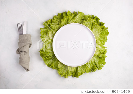 Empty white round plate on the green salad leaves 90541469