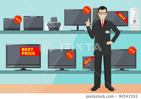 Manager in store with TVs, computers, laptops, printers, monitors. The salesman in the electrical shop. Detailed illustration of the seller on the background of shelves with appliances in flat style. 90541591