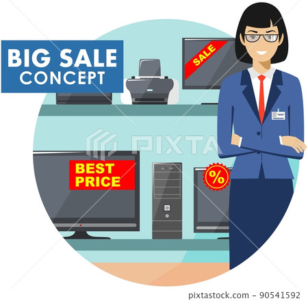 Manager in store with TVs, computers, laptops, printers, monitors. The salesman in the electrical shop. Detailed illustration of the seller on the background of shelves with appliances in flat style. Manager in store with TVs, computers, laptops, printers, monitors. The salesman in the electrical shop. Detailed illustration of the seller on the background of shelves with appliances in flat style. 90541592