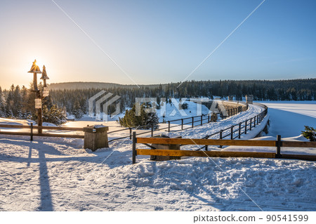 Sunny winter evenign at water dam 90541599