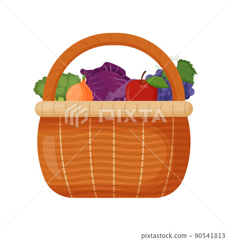 Picnic baskets. Wicker backet with fresh fruits. Broccoli, onion, cabbage, pepper, apple, grape. Flat vector illustration 90541813