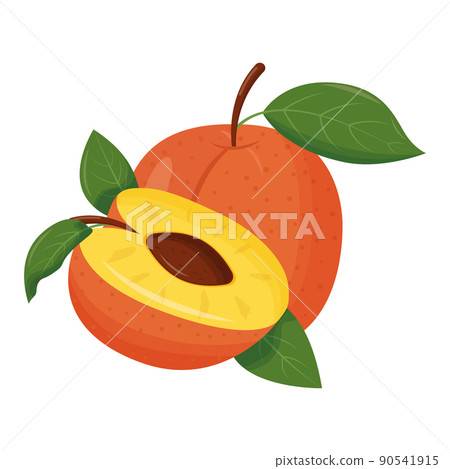 Whole orange peach with green leaf isolated on white background. Flat vector illustration 90541915