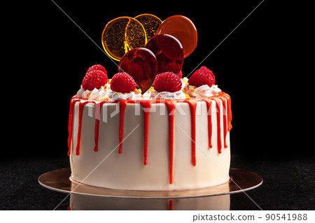 Raspberry cream mousse cake no baked cheesecake on black background Raspberry cream mousse cake no baked cheesecake on black background 90541988