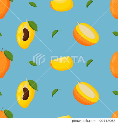 Mango with green leaves seamless pattern. Flat vector illustration Mango with green leaves seamless pattern. Flat vector illustration 90542062