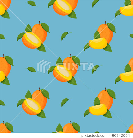 Mango with green leaves seamless pattern. Flat vector illustration Mango with green leaves seamless pattern. Flat vector illustration 90542064