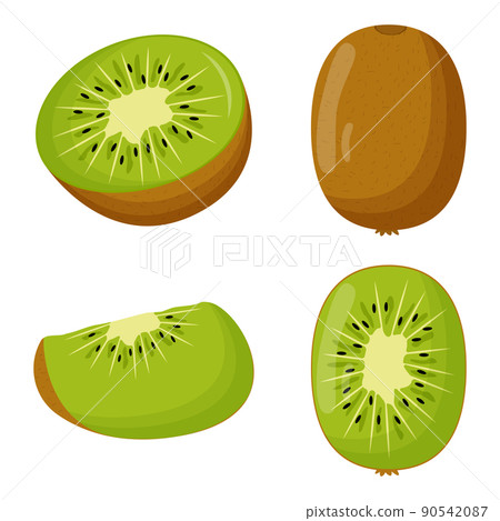 Set of kiwi with green leaves isolated on white background. Flat vector illustration Set of kiwi with green leaves isolated on white background. Flat vector illustration 90542087