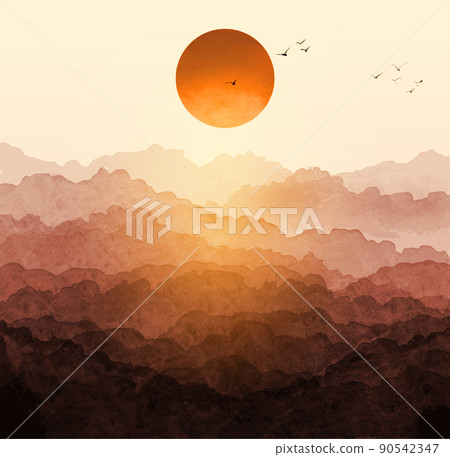 Sunrise landscape with forest mountains and big red sun. Traditional oriental ink painting sumi-e, u-sin, go-hua. Sunrise landscape with forest mountains and big red sun. Traditional oriental ink painting sumi-e, u-sin, go-hua. 90542347