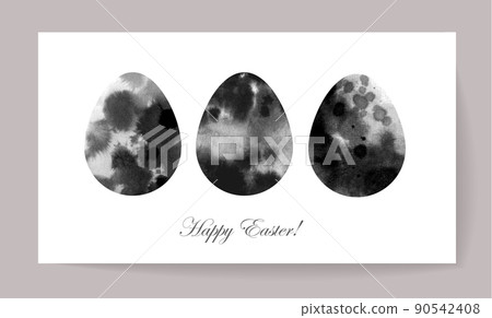 Easter greeting card with three ink wash painted easter egg Easter greeting card with three ink wash painted easter egg 90542408