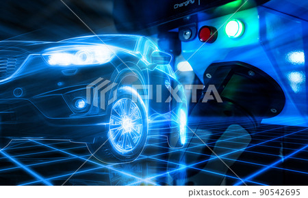 EV car and electric car charging station in a futuristic vehicle concept. EV car charging point at parking lot. Electric vehicle fast charge. Sustainable power. Green energy. Future transportation. 90542695